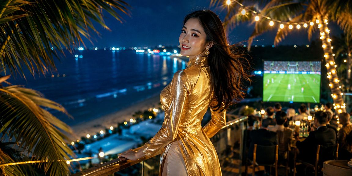 Người dùng tại Phú Quốc mặc áo dài theo dõi kèo bóng đá trực tuyến trên thiết bị di động